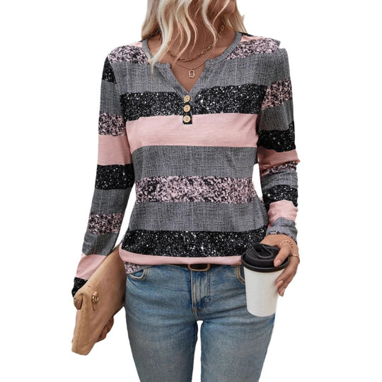 Damen Langarmshirt mit schimmernden Streifen und Knopfdetails EB