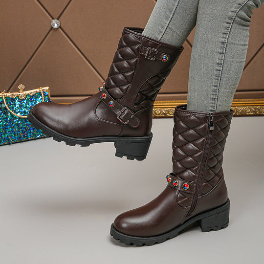 Damen modische Stiefeletten mit dekorativen Schmuckdetails und robustem Profil EB