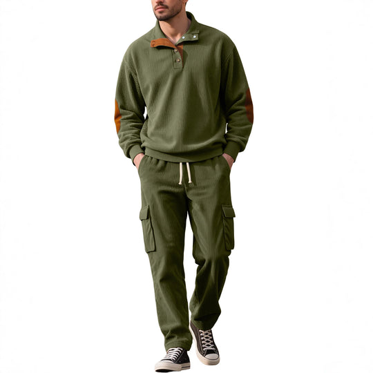 Herren nan strukturierter Troyer-Pullover mit Stehkragen Druckknopfleiste und Velours-Ellenbogenpatch EB