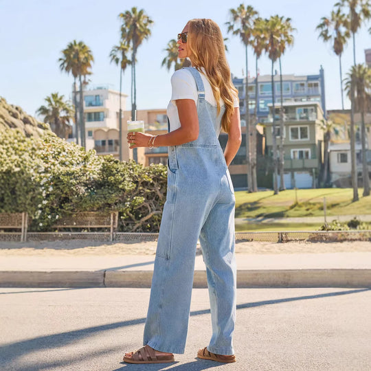 Damen Lässige Overall aus Denim mit weit geschnittenem Bein und praktischen Taschen EB