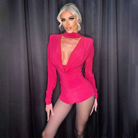 Damen elegantes Bodysuit mit tiefem V-Ausschnitt und langen Ärmeln EB