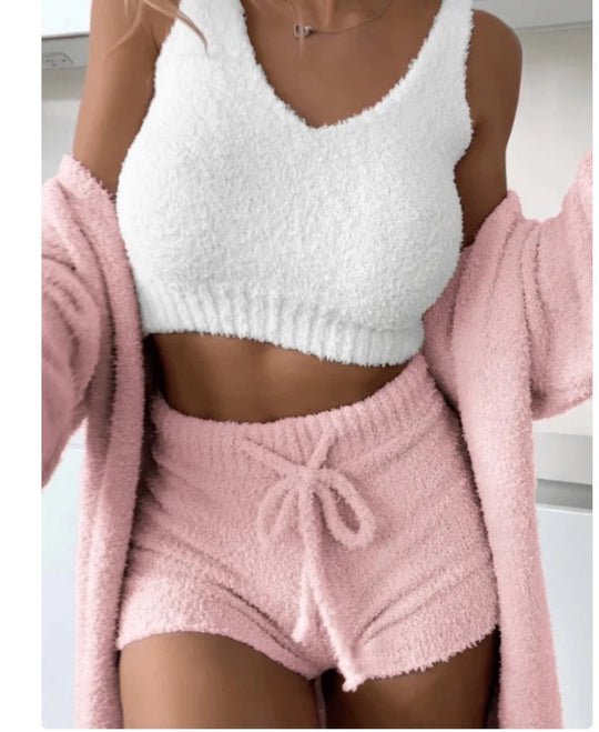 Damen kuscheliges Lounge-Set mit Cropped Top und Shorts EB