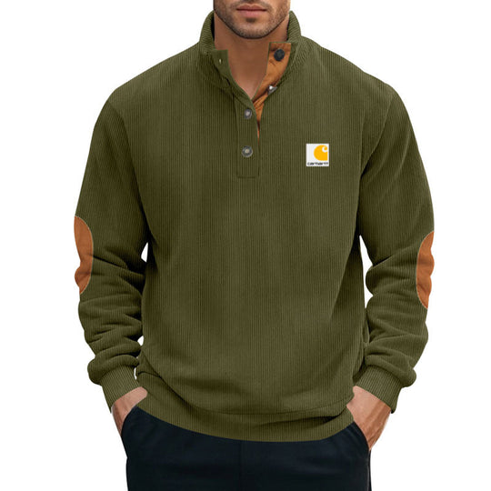 Herren nan Strickpullover im Troyer-Stil mit Stehkragen Lederbesatz Druckknopfleiste und Ellbogen-Patches EB