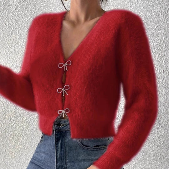 Damen Flauschiger Cropped-Cardigan mit V-Ausschnitt und Schleifen‑Verschlüssen EB