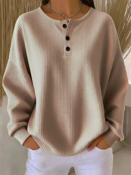 Damen nan Oversized Waffelstrick Henley-Pullover mit Knopfleiste und abgerundetem Saum EB