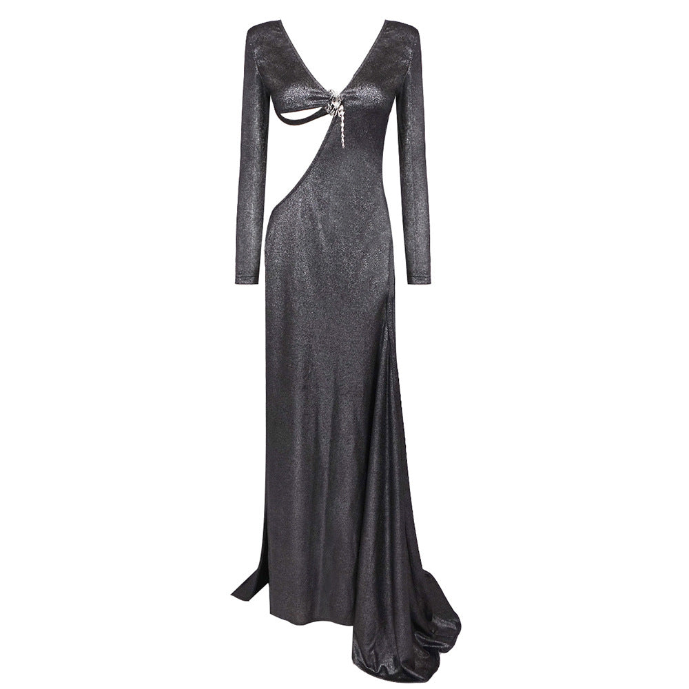 Damen Glamouröses Abendkleid mit tiefem V-Ausschnitt und seitlichem Schlitz EB