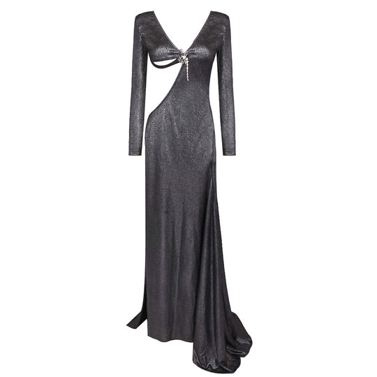 Damen Glamouröses Abendkleid mit tiefem V-Ausschnitt und seitlichem Schlitz EB
