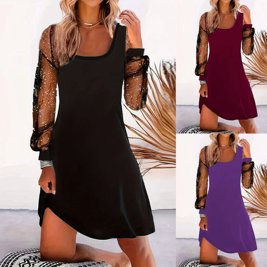 Damen Midi-Kleid mit transparenten Puffärmeln und eleganter Silhouette EB