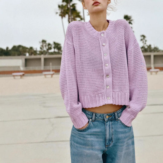 Damen Lockere Cropped-Strickjacke mit Knopfleiste und offener Struktur EB
