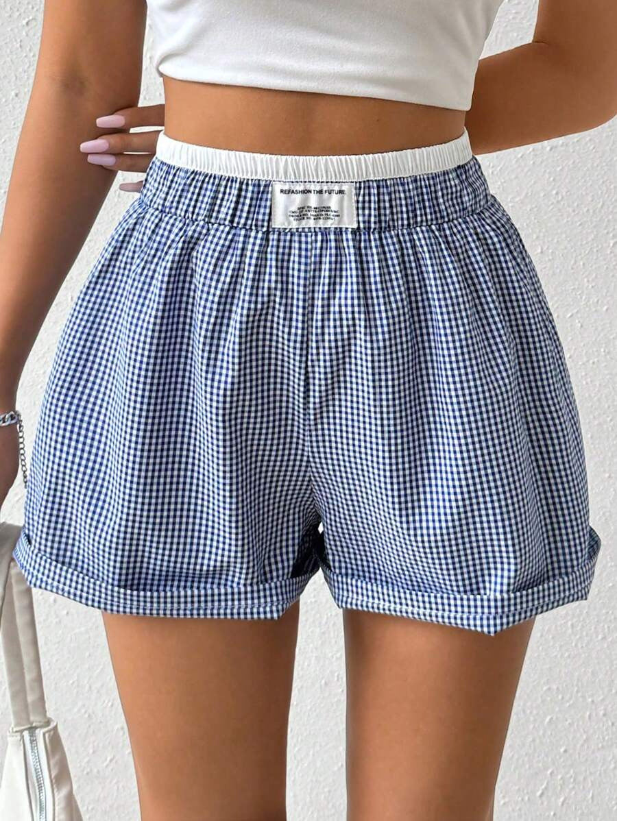 Damen lässige Vichy-Karo Shorts mit elastischem Bund EB