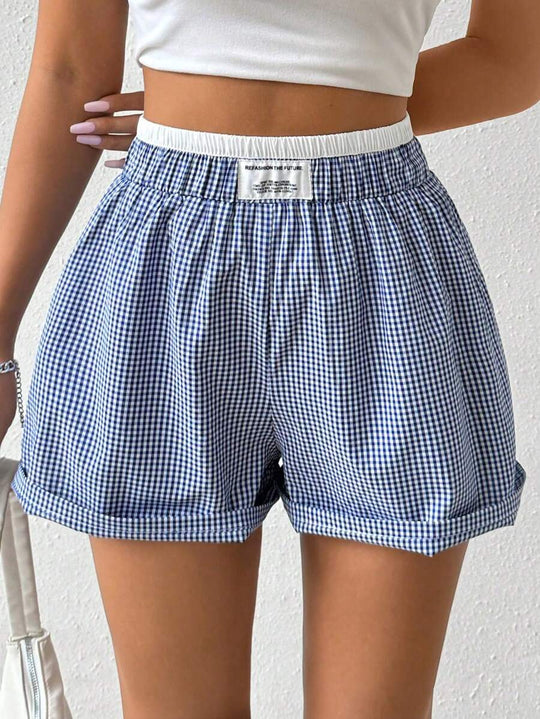 Damen lässige Vichy-Karo Shorts mit elastischem Bund EB