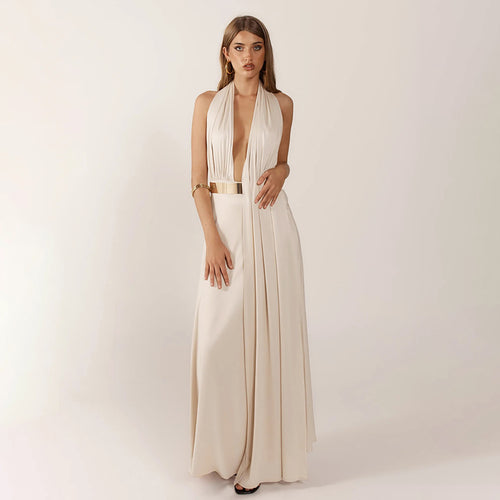 Damen Elegantes Maxikleid mit tiefem V-Ausschnitt und dekorativem Gürtel EB