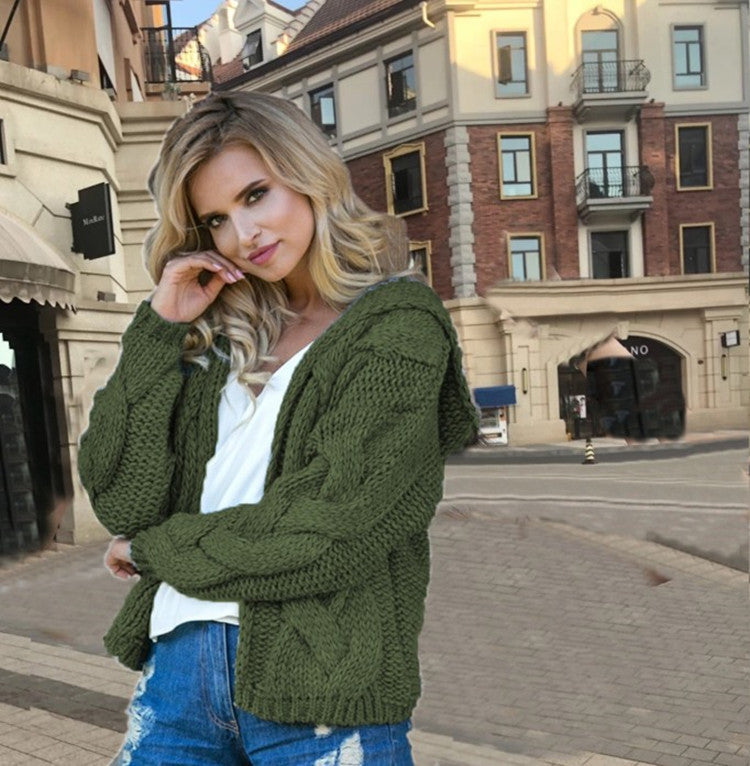 Damen Strickjacke mit Kapuze und modernem Zopfmuster EB