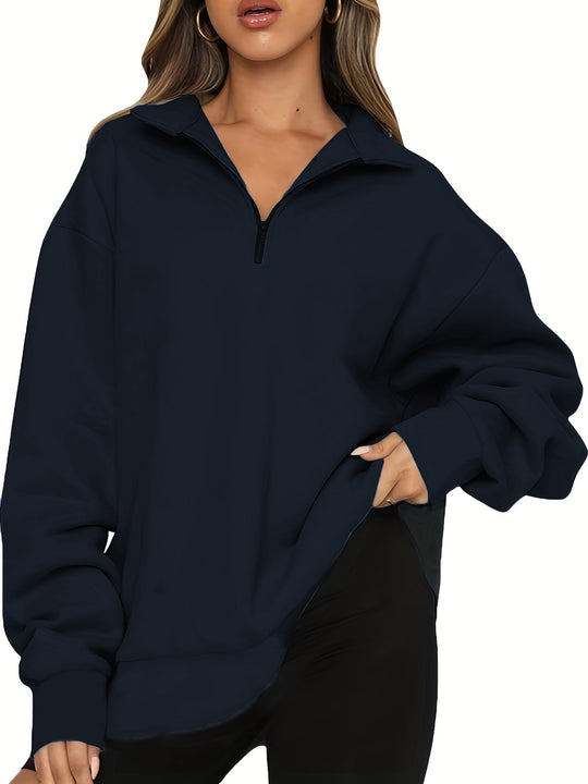 Damen nan Oversized Sweatshirt mit Kurzreißverschluss, Stehkragen und Kängurutasche EB