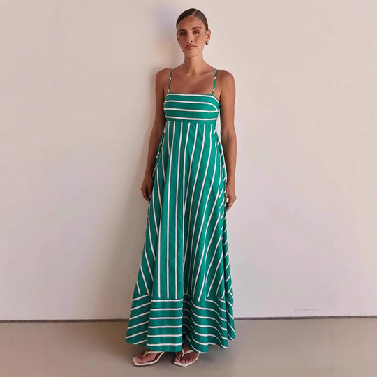Damen Langarm Maxikleid mit elegantem Streifenmuster und fließendem Schnitt EB