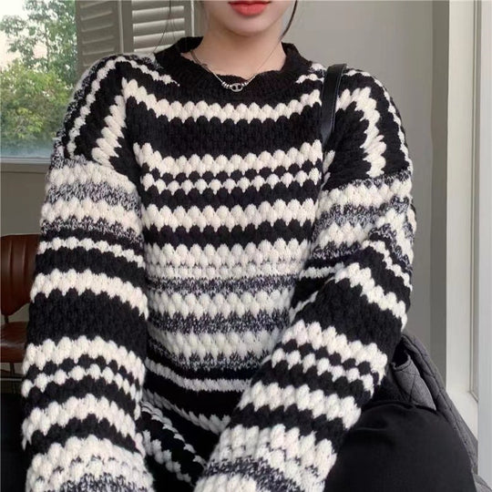 Damen gemusterter Strickpullover mit strukturiertem Gewebe und lässigem Schnitt EB