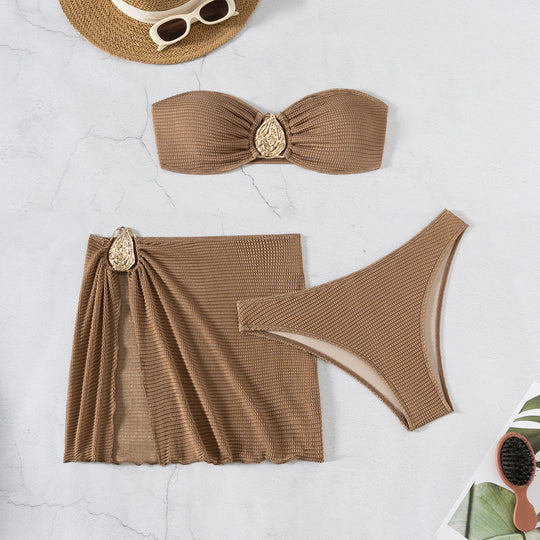 Damen Bandeau-Bikini-Set mit eleganten Falten und dekorativem Verschluss EB