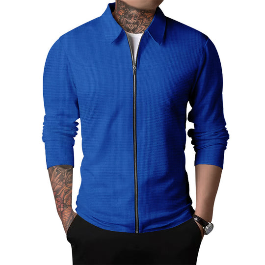 Herren nan Zip-Cardigan mit Hemdkragen und feiner Rippstruktur EB