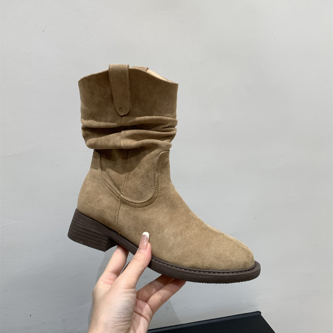 Damen modische Stiefel mit gerafftem Schaft und bequemem Blockabsatz EB