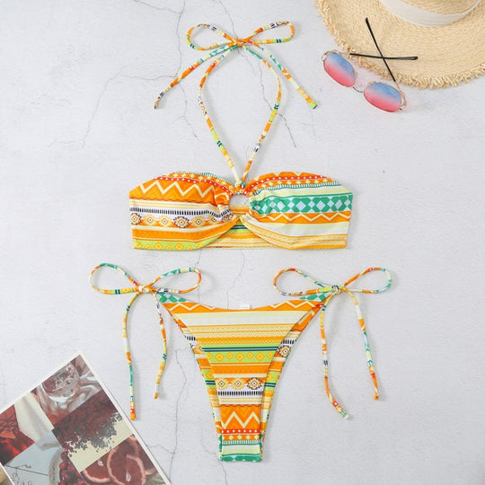 Damen Bandeau-Bikini mit verstellbaren Bindebändern und farbenfrohem Muster EB