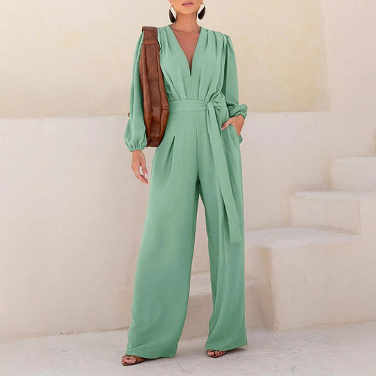 Damen Eleganter Palazzo-Jumpsuit mit tiefem V‑Ausschnitt, Bindegürtel und Ballonärmeln EB