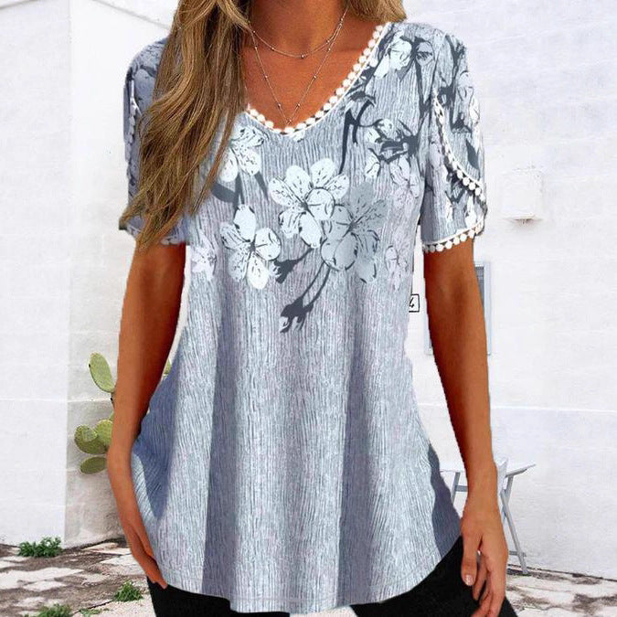 Damen nan legeres V-Ausschnitt-Tunikashirt mit floralem Muster und Pomponbesatz EB