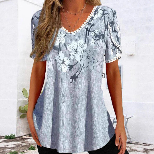 Damen nan legeres V-Ausschnitt-Tunikashirt mit floralem Muster und Pomponbesatz EB