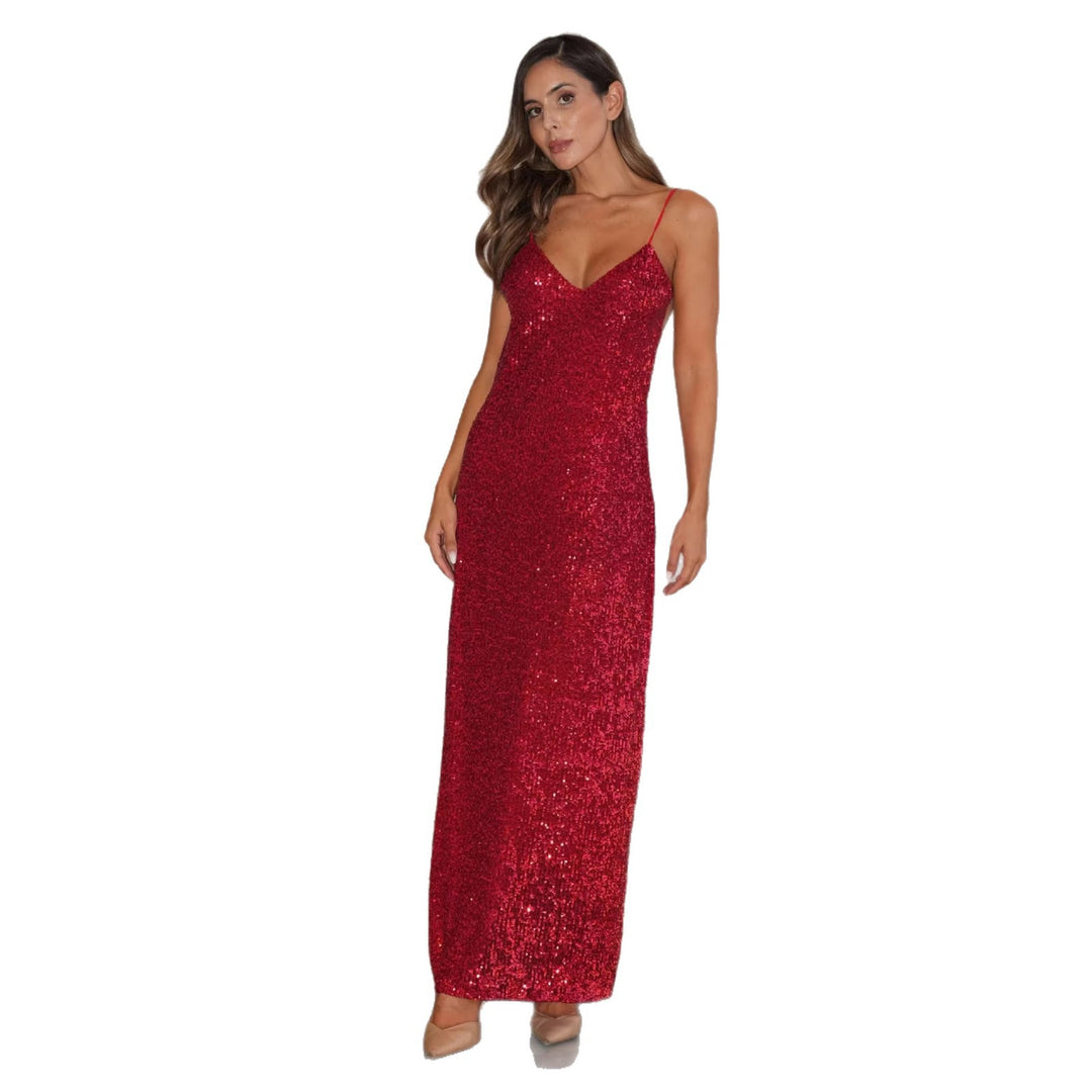Damen Abendkleid mit glitzerndem Paillettenbesatz und elegantem V-Ausschnitt EB
