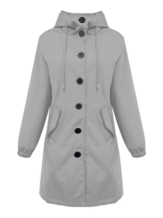 Damen nan leichter Regenparka mit Kapuze, überlanger Knopfleiste, Tunnelzug und aufgesetzten Taschen EB