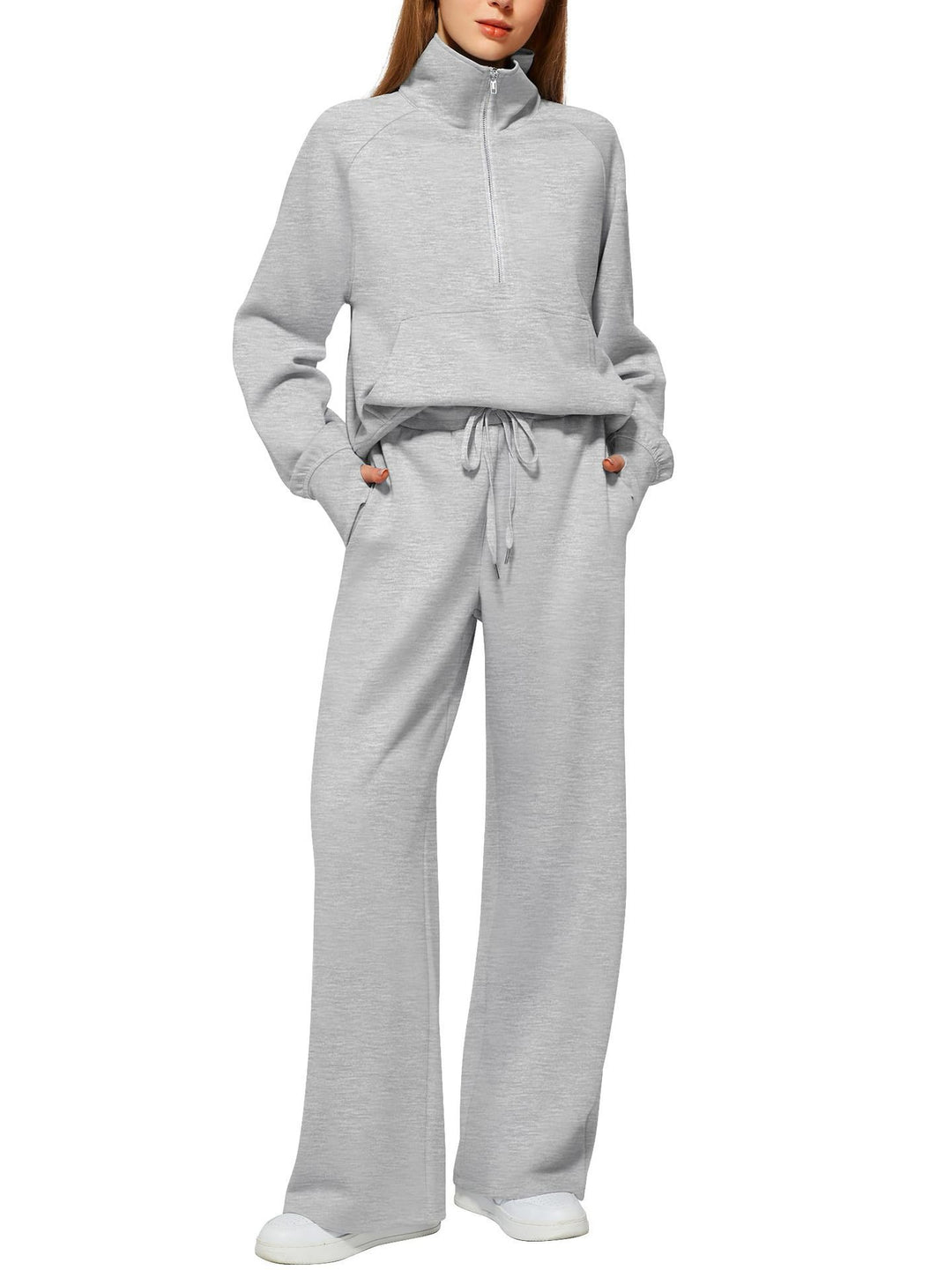 Damen nan halbzip Lounge-Set mit hohem Stehkragen, Kängurutasche und weiten Highwaist-Jogginghose EB