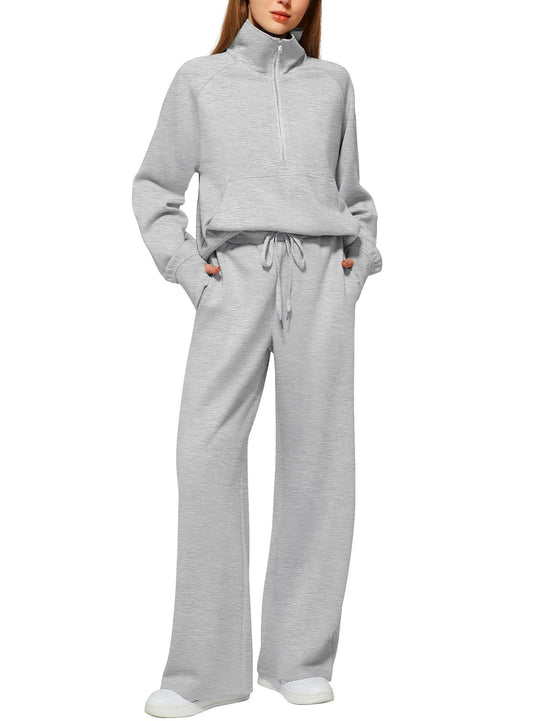 Damen nan halbzip Lounge-Set mit hohem Stehkragen, Kängurutasche und weiten Highwaist-Jogginghose EB