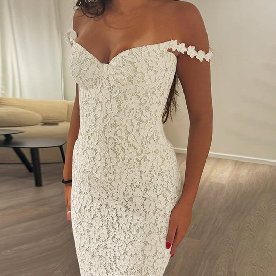Damen elegantes Maxikleid mit Spitze und verführerischem Herzausschnitt EB