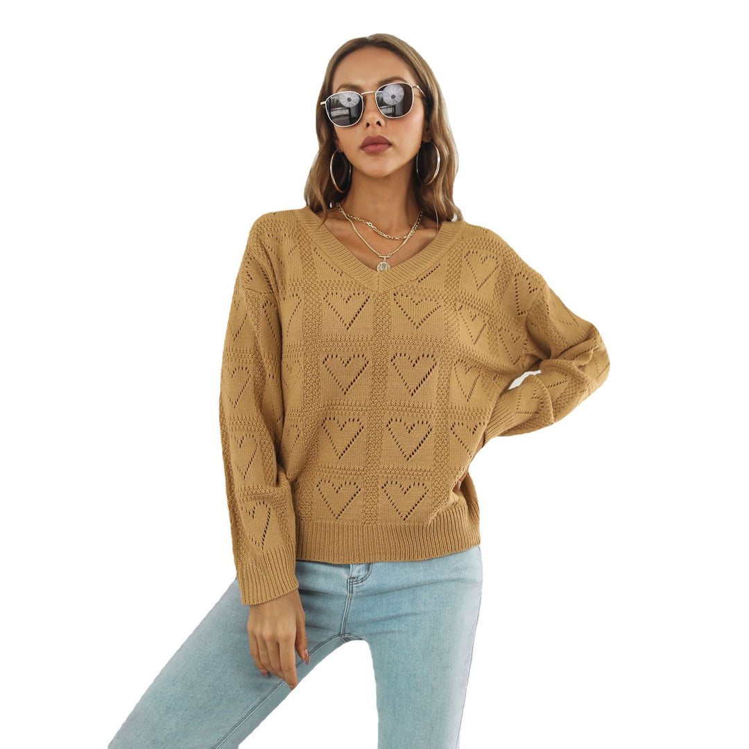 Damen Strickpullover mit Herzmuster und V-Ausschnitt EB