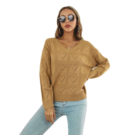 Damen Strickpullover mit Herzmuster und V-Ausschnitt EB