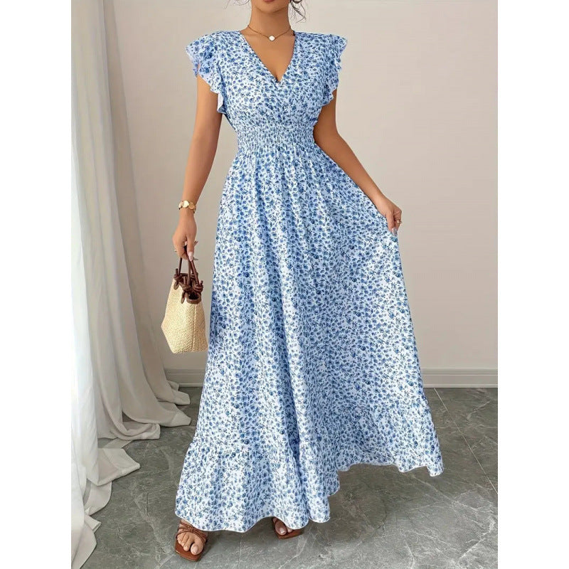 Damen Maxikleid mit floralem Rüschendesign und elastischem Taillenteil EB