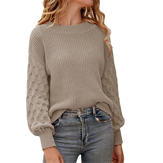 Damen Strickpullover mit strukturierten Puffärmeln und Rundhalsausschnitt EB