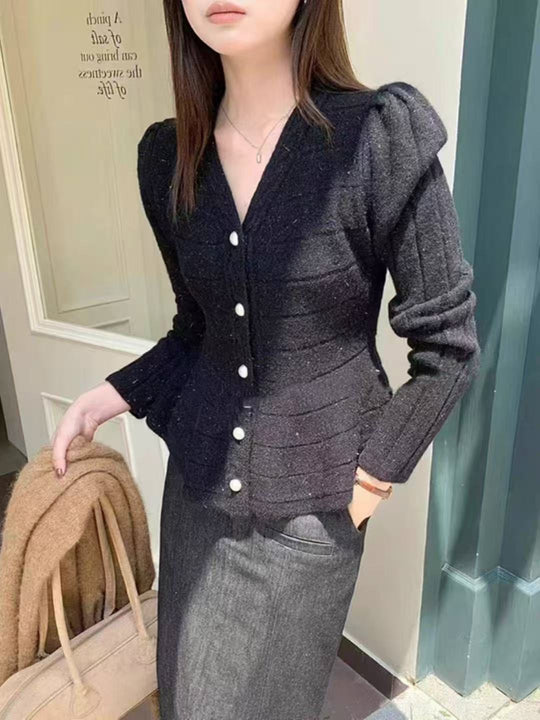 Damen elegante Strickjacke mit strukturiertem Design und femininen Puffärmeln EB