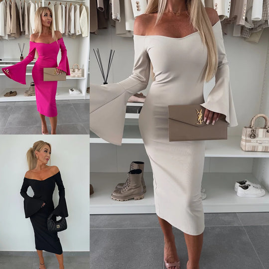 Damen Figurbetontes Wickelkleid mit schulterfreiem Design und weit geschnittenen Ärmeln EB
