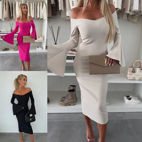Damen Figurbetontes Wickelkleid mit schulterfreiem Design und weit geschnittenen Ärmeln EB