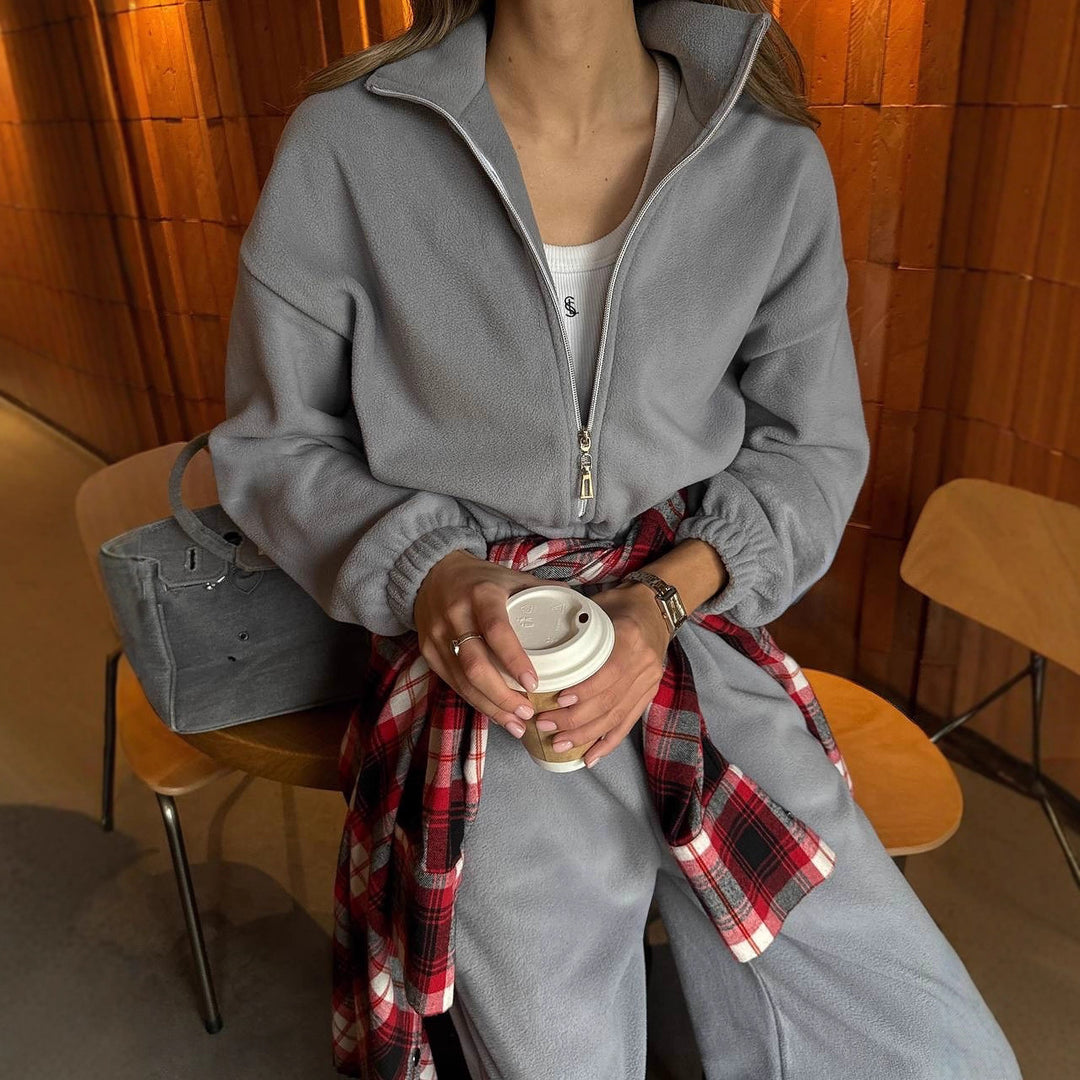 Damen Lässiger Fleece-Hausanzug mit Zip-Kapuze und elastischem Taillenbund EB
