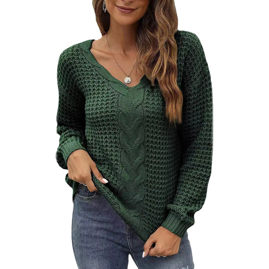 Damen lässiger Strickpullover mit tiefem V-Ausschnitt und detailliertem Zopfmuster EB