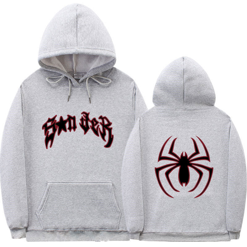 Damen Kapuzenpullover mit auffälligem Spinnenmotiv und grobem Schriftzug EB