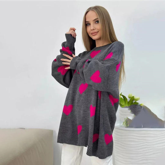 Damen Oversize Strickpullover mit Herz‑Motiv, Rippbündchen & weiter Silhouette EB