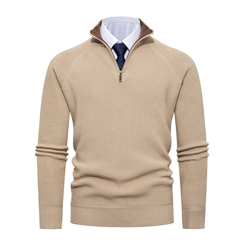 Herren nan feiner Strickpullover mit Halbzip, strukturierter Rippoptik und innen kontrastiertem Stehkragen EB