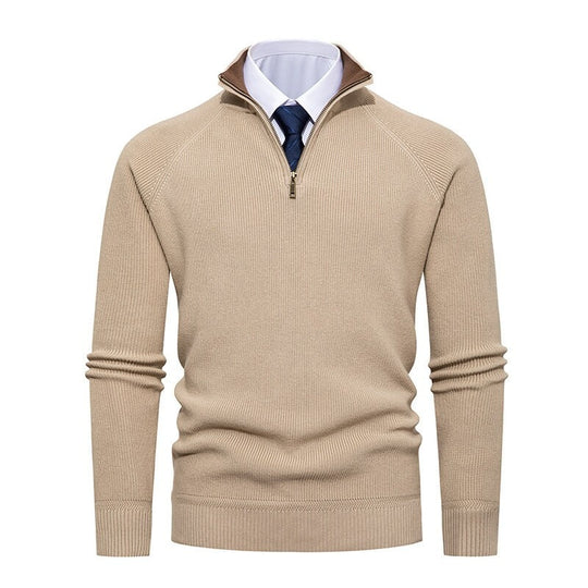 Herren nan feiner Strickpullover mit Halbzip, strukturierter Rippoptik und innen kontrastiertem Stehkragen EB