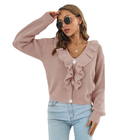 Damen Strickjacke mit Rüschendetails und knöpfbarem Frontverschluss EB