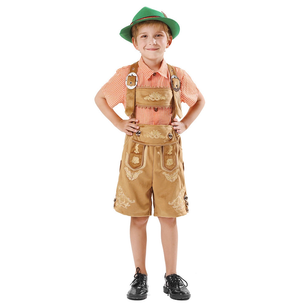 Herren nan traditionelle Kinderlederhose kurz mit aufwendiger Stickerei, Latztasche und verstellbaren Trägern EB