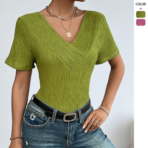 Damen lässiges V-Ausschnitt Shirt mit fließendem Design und kurzen Ärmeln EB