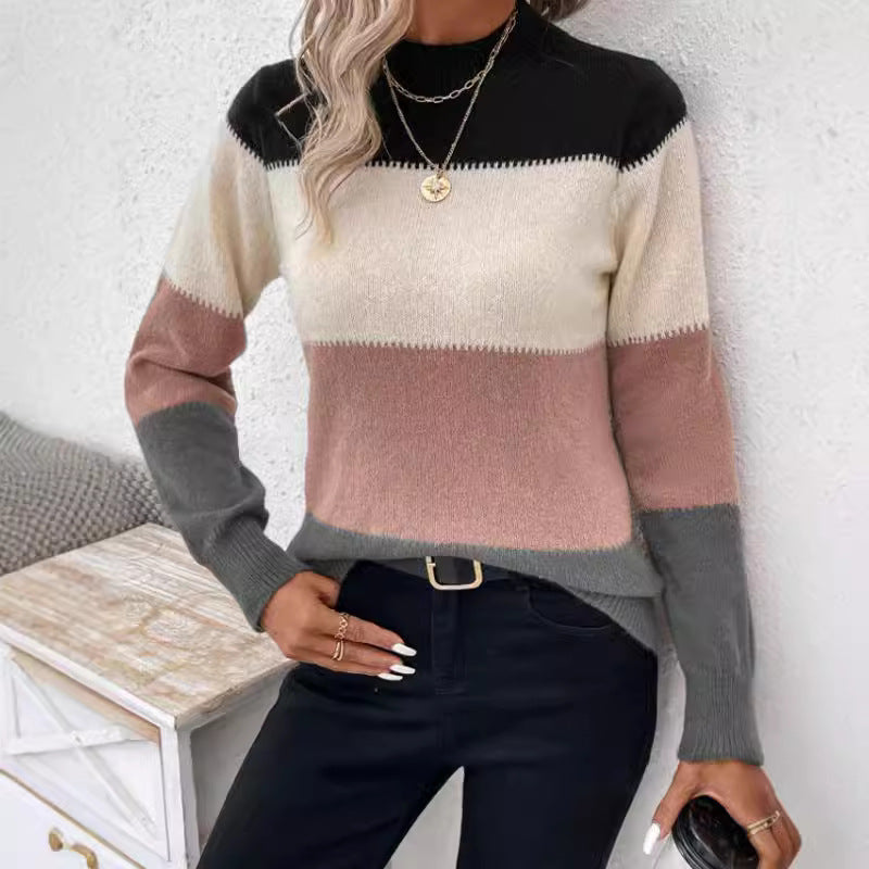 Damen modischer Strickpullover mit trendigem Blockstreifen und steigendem Kragen EB