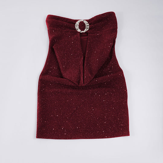 Damen glamouröses Abendtop mit schimmerndem Dekolleté und funkelndem Design EB